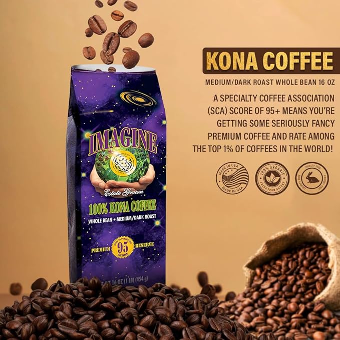 Imagine Kona Coffee Whole Bean | Arabica Kona Beans | Top Grade Air Roasted Organic Coffee Beans | Medium Dark Roast | Organic Whole Bean - 16oz
