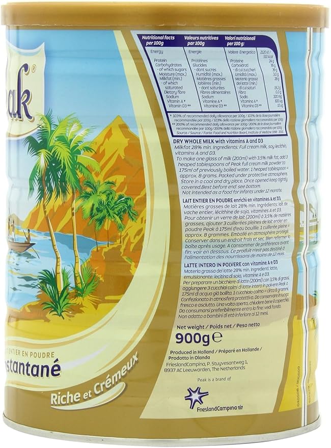 Peak Whole Milk Powder 2 Pound (900g) Can - European Milk from Holland rBST Free Full Rich Flavor Dissolves Instantly Long Shelf Life Premium Full Fat Quality