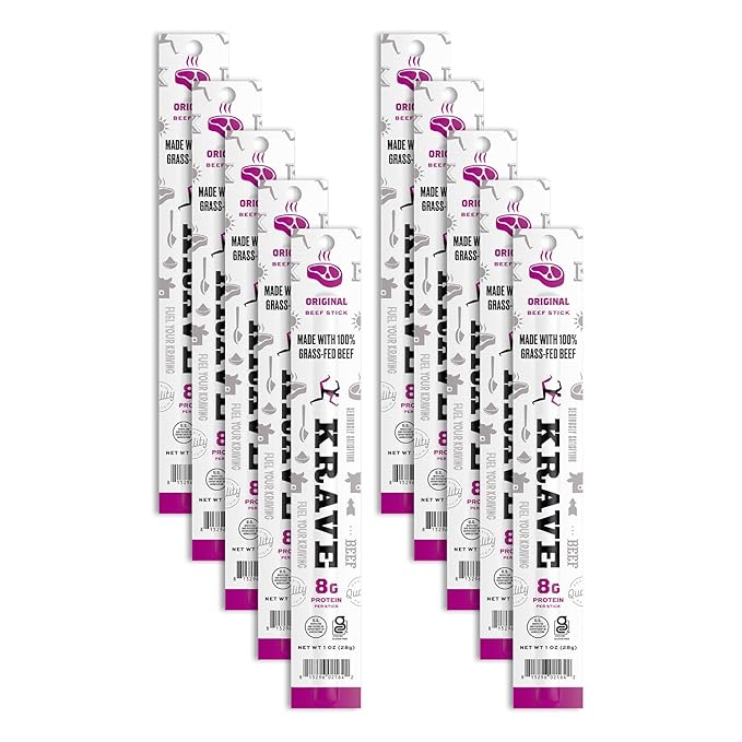 Krave Beef Sticks (1 Ounce Sticks Pack of 10) - 100% Grass Fed Beef 100 Calories Per Stick Good Source of Protein (1 Ounce (10 Pack) Original)