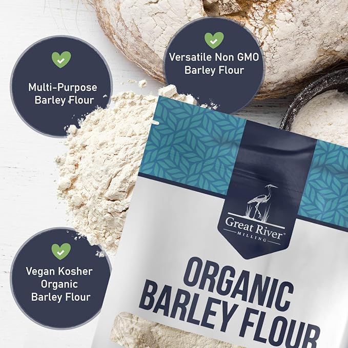 Great River Milling Organic Barley Flour | Unbleached Unbromated Non-GMO Kosher | High Fiber Nutty Flavor Perfect for Breads Pancakes &amp More | 5 Lb