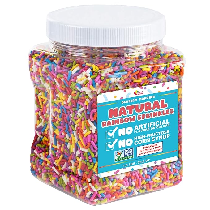 A Great Surprise Dye-Free Rainbow Sprinkles – 1.6 Pounds - Natural Vegan Baking Toppings with No Artificial Dyes or Flavors – Non-GMO Jimmies for Cookies Cakes Ice Cream &amp Cupcakes