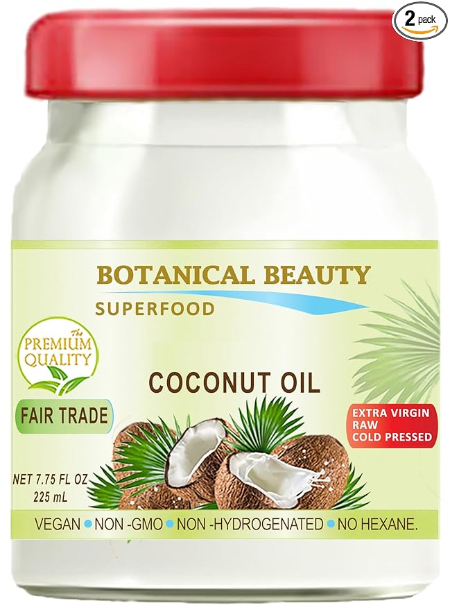 Botanical Beauty COCONUT OIL FAIR TRADE 100% Pure. EXTRA VIRGIN UNREFINED RAW COLD PRESSED. 7.75 Fl.oz – 225 ml. (Pack 2)