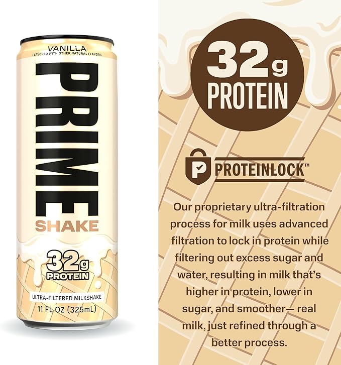 PRIME Shakes Vanilla 32g Protein Shake for Muscle Support &amp Recovery Ultra-Filtered Milk Lactose Free Low Sugar Low Calorie Ready to Drink 11 fl oz 12 Pack