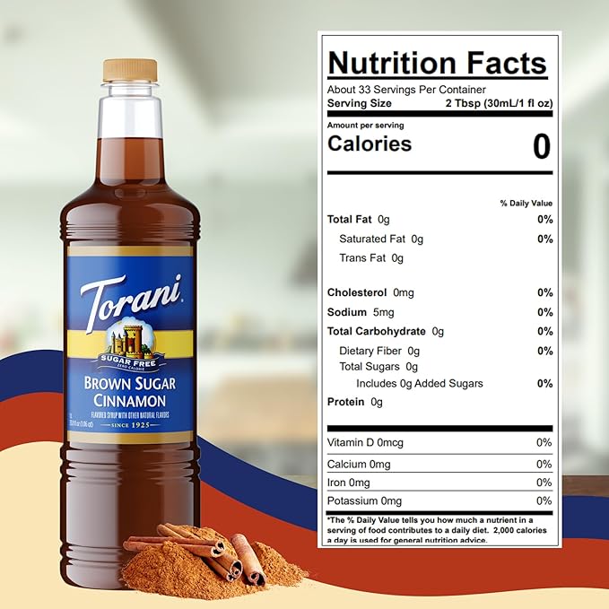 Torani Sugar Free Brown Sugar Cinnamon Coffee Syrup 1 Liter Bottle with Pump Dispenser – Zero Calorie Flavored Syrup for Lattes Cold Brews Teas Cocktails &amp Desserts – Keto Friendly