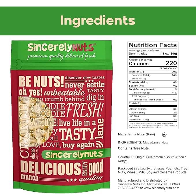 Sincerely Nuts - Raw Macadamia Nuts (5Lb Bag) | Delicious Buttery Flavor Perfect for Snacking | Kosher Gluten Free &amp High in Fiber | Keto Vegan Paleo