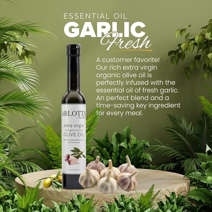 500ml Organic Garlic Infused Extra Virgin Olive Oil Cold Pressed | California EVOO Kosher by Arlotta Food Studio | Savory Cooking Oil for Pasta Vegetables Bread Dipping Marinades | USA Made