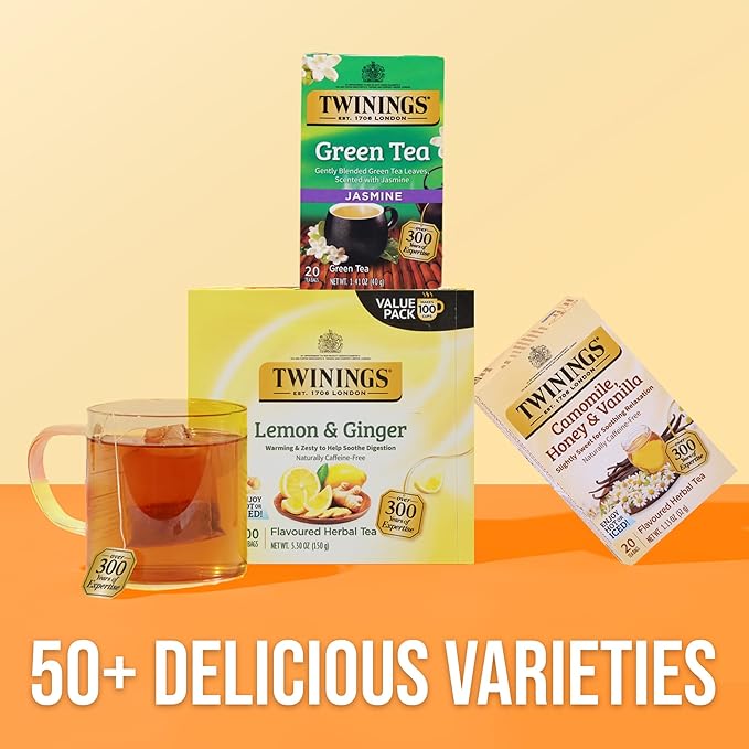 Twinings Camomile Honey &amp Vanilla Herbal Tea Individually Wrapped Bags 20 Count (Pack of 6) Naturally Caffeine-Free Enjoy Hot or Iced 120 Teabags