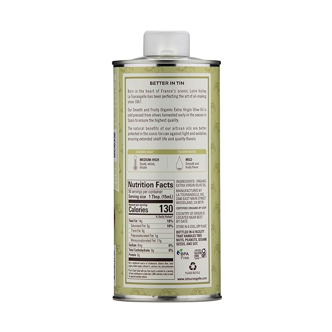 La Tourangelle Organic Extra Virgin Olive Oil Cold-Pressed Smooth &amp Fruity Early Harvest for High Antioxidants From Spain 25.4 Fl Oz