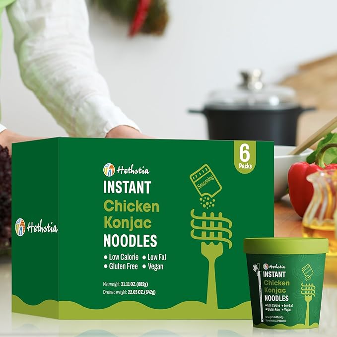 Hethstia Konjac Noodle Chicken Soup 6-Pack Instant Shirataki Noodle Soup Cups - Low-Calorie Sugar-Free Low-Carb Gluten-Free 34.32 oz Vegan Konjac Pho Pasta Chicken Broth Healthy Asian Noodles