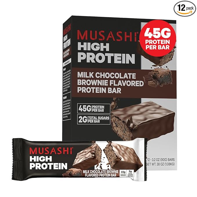 MUSASHI High Protein Bar 45g Protein 2g Total Sugars Milk Chocolate Brownie Post Workout and Protein Snack On The Go 12 Pack of 3.2oz (90g) Bars