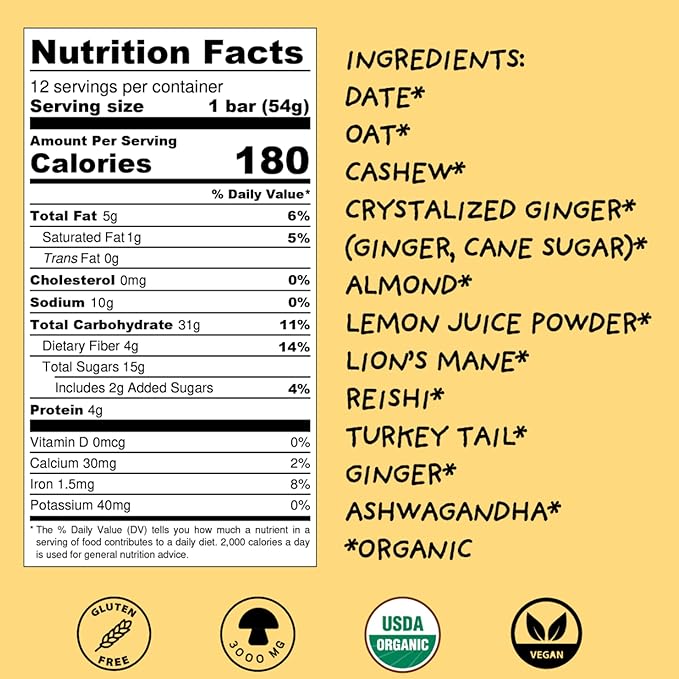 Wise Bar Adaptogen Mushroom Nutrition Bars with Reishi Lions Mane &amp Ashwagandha Organic Vegan &amp Gluten Free Snacks for Natural Focus Energy &amp Immunity Support Lemon Ginger Flavor 12 C