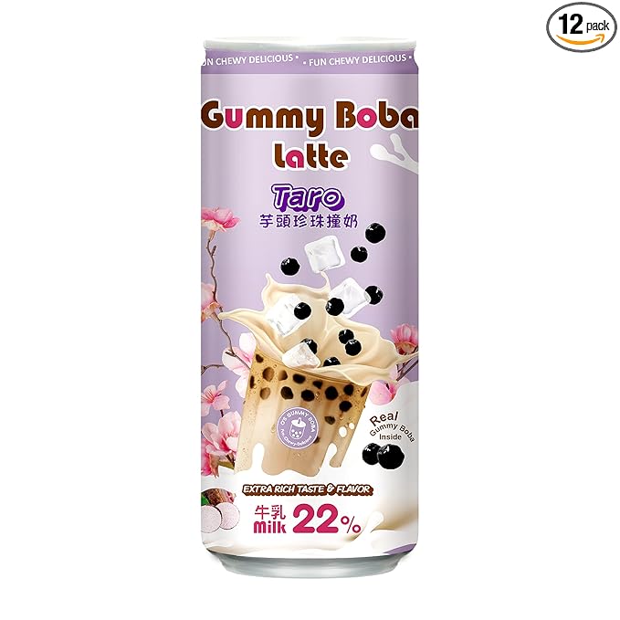 O's Bubble Gummy Boba Latte Canned Bubble Tea Drink With Chewy Boba Pearls (Konjac) 22% whole milk blend 470ml(15.9 fl oz/can) TARO (Pack of 12)