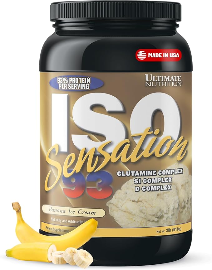 Ultimate Nutrition Whey Protein Isolate Powder with Glutamine Complex ISO Sensation 93 - Whey Protein Powder with Added Colostrum for Enhanced Recovery Immunity &amp Gut Health - Banana 2lbs