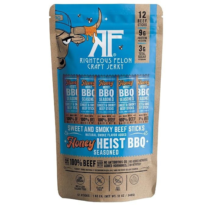 Beef Jerky Sticks - Honey Heist BBQ - 12 Stick 1 Oz (Total 12 Oz) - Keto Friendly High Protein Meat Snacks - Made with Pasture-Raised Beef.