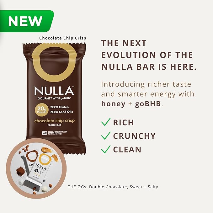 Nulla Gourmet Protein Bar with goBHB &amp Honey – Chocolate Chip Crisp – 20g Protein Zero Seed Oils Gluten Free Dual-Fuel Performance Energy Snack – Clean Ingredients