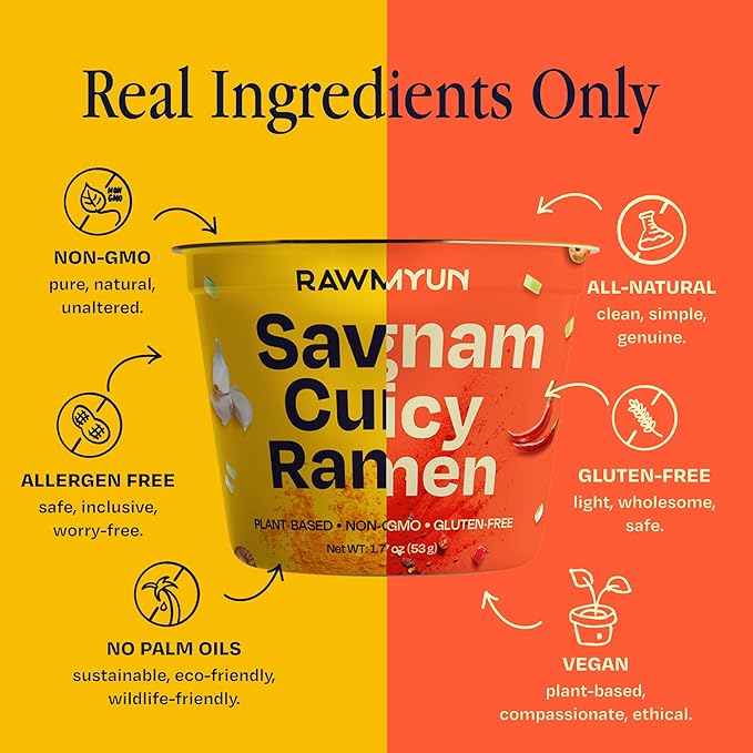 RAWMYUN Gluten Free Healthy Korean Ramen Vegan Superfood Clean Ingredients Plant-Based Cup Noodles made with Organic Rice Noodles Instant Soup | No MSG Non-GMO Real Ingredients (3 Gangnam Spicy x 3