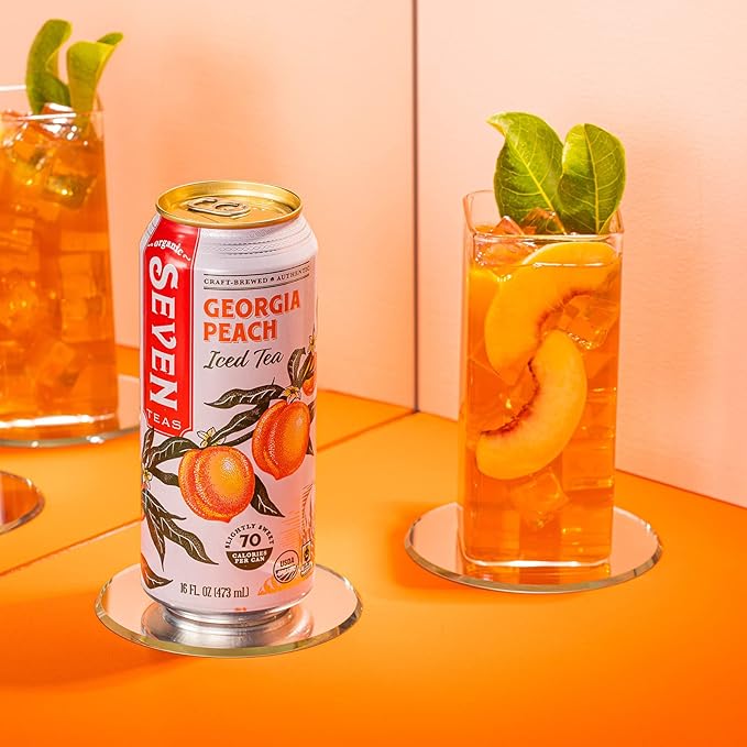 SevenTeas Georgia Peach Iced Tea 16 OZ (Pack of 12 Cans) Lightly Sweetened Organic Iced Tea