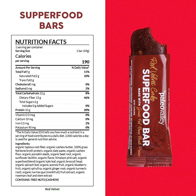 Paleovalley Superfood Bars – Red Velvet– 10 Pack – 9g Protein per Bar – Gluten-Free Grain-Free Paleo Non-GMO – On-the-Go Snack
