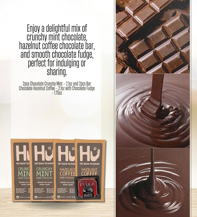 2x Hu Chocolate Crunchy Mint 2.1 oz and 2x Hazelnut Coffee Bar 2.1oz Bundle with Claeys Old Fashioned Chocolate Fudge 1.75 oz – Organic Vegan Bars for Snacking – Gift Set (5 Items)