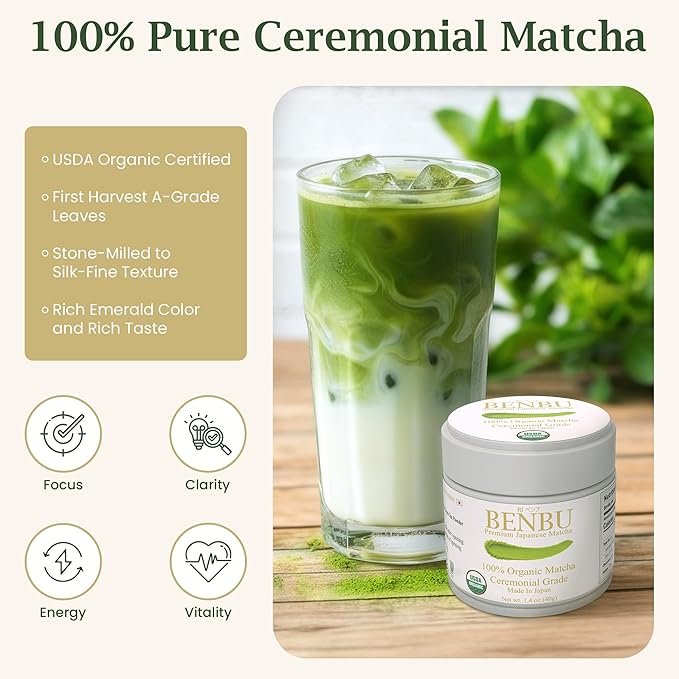 BENBU Matcha Powder - USDA Organic Ceremonial Grade First Harvest Stone-Milled in Japan Authentic Japanese Green Tea No Additives 1.4 oz (40g) Tin