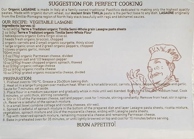 TERRE E TRADIZIONI 6 PACKS ORGANIC ITALIAN SEMI WHOLE DURUM LASAGNA PASTA – Sicilian Ancient Grain Timilia Vegan Crafted in Italy. LOW-GLUTEN INDEX. Has 6X More Fiber and Protein than Popular Grains
