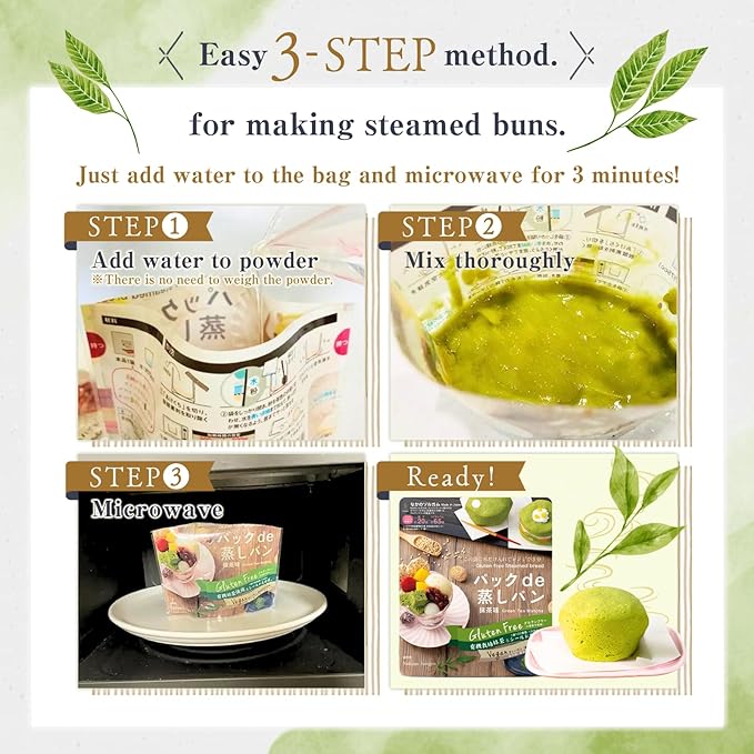 3 Packs (3 x 2.8oz) GMO-Free Japanese Steamed Bun Sorghum Flour Mix Gluten-Free Microwaveable (3 x 2.8oz Matcha)