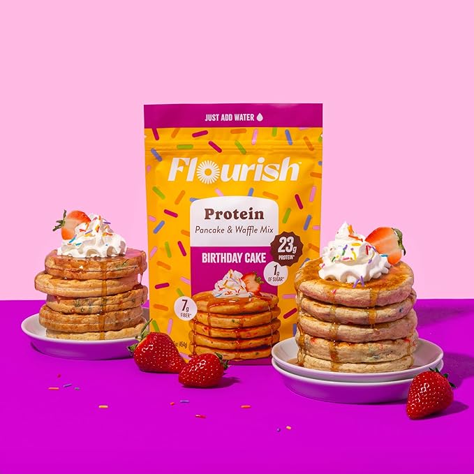 Flourish Protein Pancake &amp Waffle Mix with Whey Protein &amp Flax Seed No Added Sugar High in Protein &amp Fiber - Just Add Water - Birthday Cake Flavour 430g (3 Pack) - Made in Canada