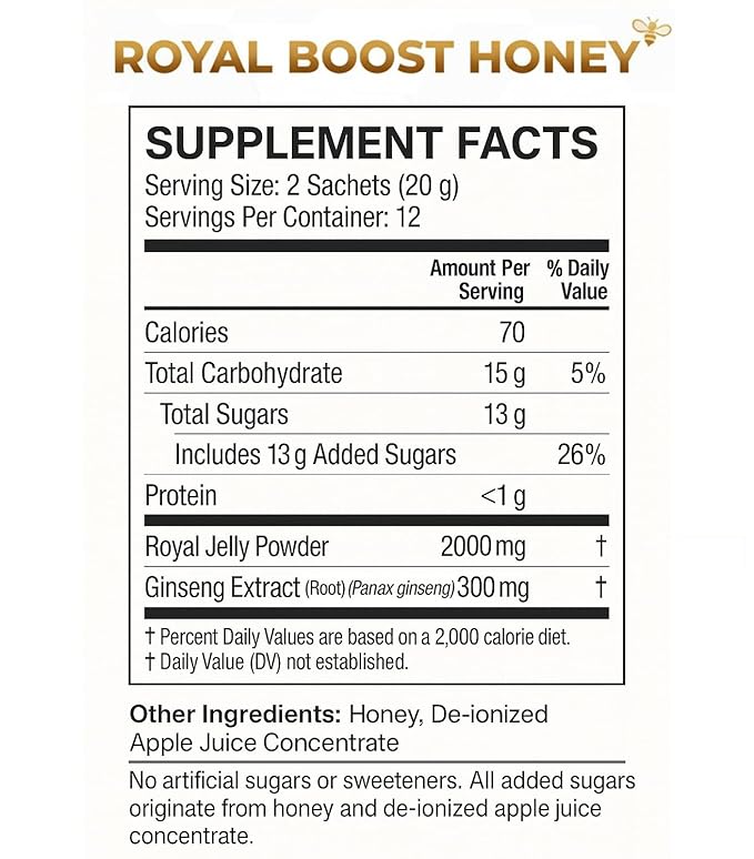 Royal Boost Honey - Apple Infused Linden Tree Honey with Royal Jelly &amp Panax Ginseng - 24 Sachets x 10g Each | On-the-go Snack | Individually Sealed Honey Packs - Smooth Natural Sweetness for Tea