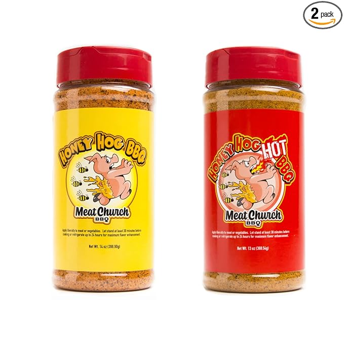 Meat Church Honey Hog BBQ Rub Combo: Honey Hog (14 oz) and Honey Hog Hot (13 oz) BBQ Rub and Seasoning for Meat and Vegetables Gluten Free One Bottle of Each
