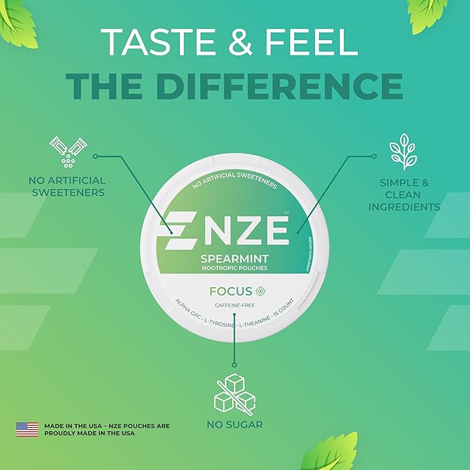 NZE Caffeine Free Nootropic Pouches (Spearmint) - Nootropic Pouches with Alpha GPC L-Tyrosine &amp L-Theanine - No Sugar or Artificial Sweeteners - 15 Nicotine Free Pouches Per Can - 5 Pack