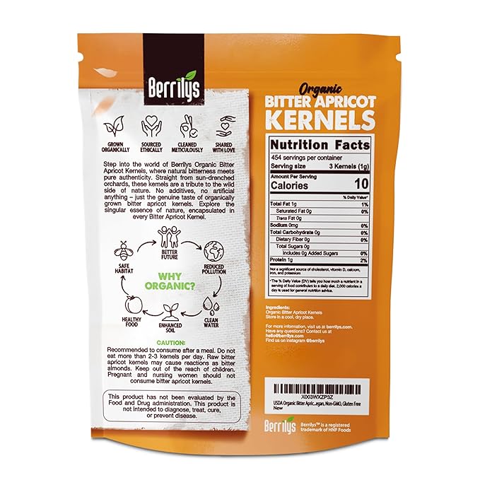 Berrilys Organic Bitter Apricot Kernels - USDA Certified Organic Bitter Apricot Seeds - Natural &amp Non-GMO Premium Quality Kernals No Sulfur or Additives - 16 oz