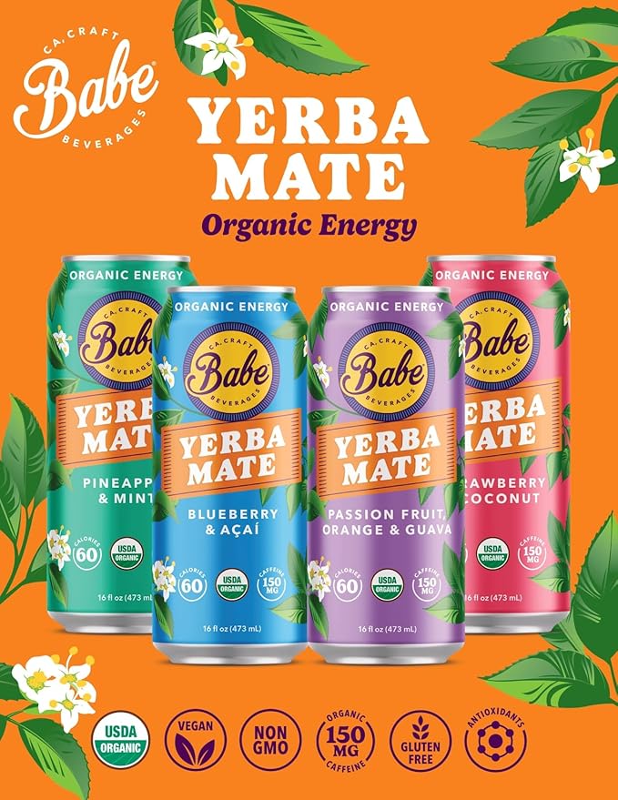 Babe Organic Yerba Mate Energy Drinks | 150mg Plant-Based Caffeine | Natural Yerba Mate Tea with No Crash No Jitters - Strawberry Coconut (12 x 16oz Cans)