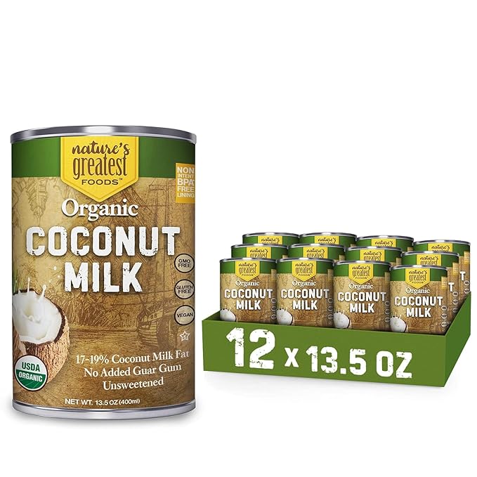 Nature's Greatest Foods Organic Coconut Milk - 13.5 oz No Guar Gum No Preservatives Gluten-Free Vegan and Kosher - 17-19% Coconut Milk Fat Unsweetened (12-Pack)