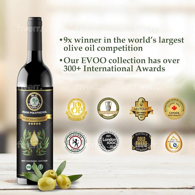 M.G. Pappas Extra Virgin Olive Oil High Polyphenol EVOO - Cold Pressed &amp Unfiltered Greek Olive Oil - Over 500mg/kg Polyphenols with High Hydroxytyrosol - Award-Winning Organic Quality - 12.7oz (