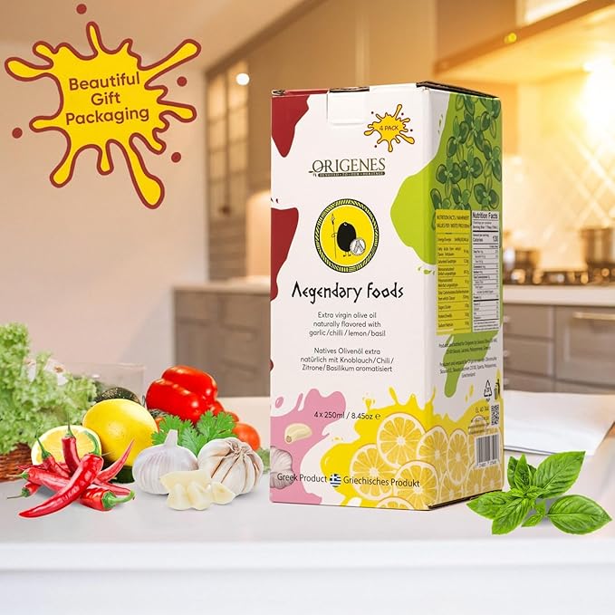 Pack of 4 Extra Virgin Flavored Olive Oil - Garlic Chili Lemon &amp Basil Infused EVOO - Cold Pressed Polyphenol Rich EVOO Intense Flavor Olive Oil Extra Virgin from Laconia 4X250ml