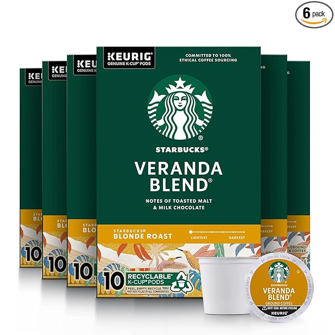 Starbucks Coffee K-Cup Pods Veranda Blend Coffee Blonde Roast 100% Arabica Coffee Keurig Genuine K-Cup Pods 10 CT K-Cup Pods Per Box (Pack of 6 Boxes)