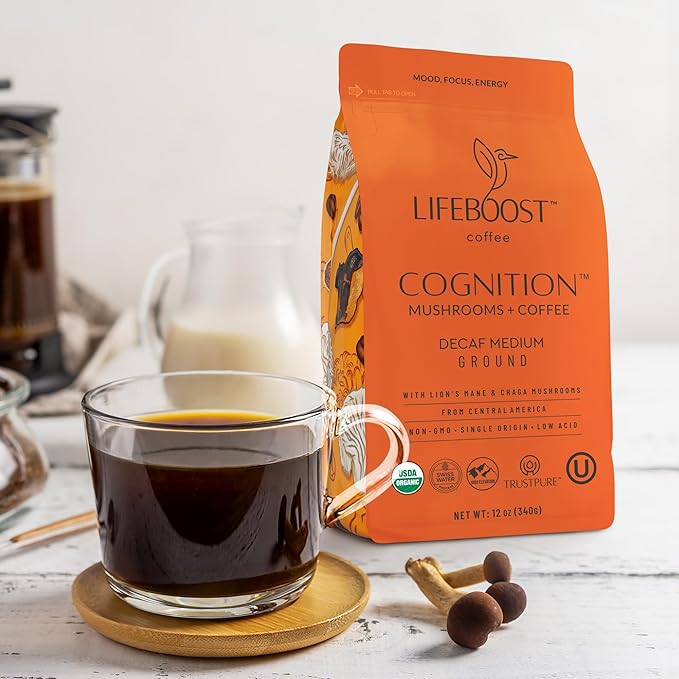 Lifeboost Cognition Decaf Mushroom Coffee - Low Acid Decaf Medium Organic Coffee with Lions Mane &amp Chaga Mushrooms - Increase Energy Boost Focus &amp Immune Support - 12 oz Bag - Ground