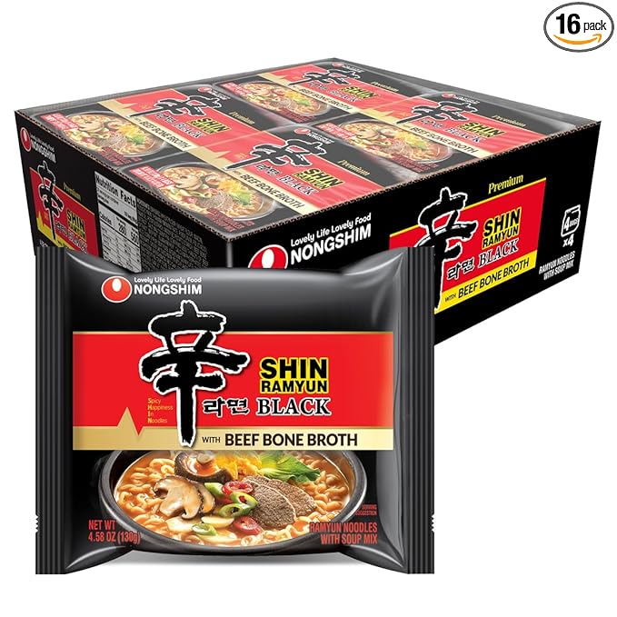 Nongshim Shin Ramyun Black Noodles Spicy Korean Signature Instant Ramyun Rich Beef Bone Broth Pantry Essential Korean Noodles Quick and Easy 4.58 oz (Pack of 16)