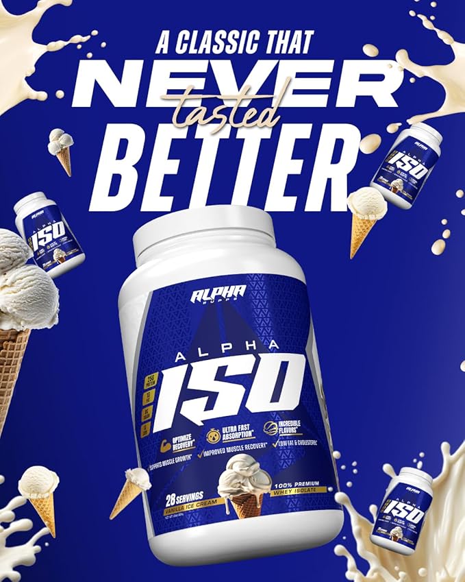 Alpha Supps ISO Low Carb 100% Whey Protein Isolate Powder 25 Grams Per Serving Helps Support Muscle Growth Low Sugar and Gluten Free (Vanilla Ice Cream 2 lb)