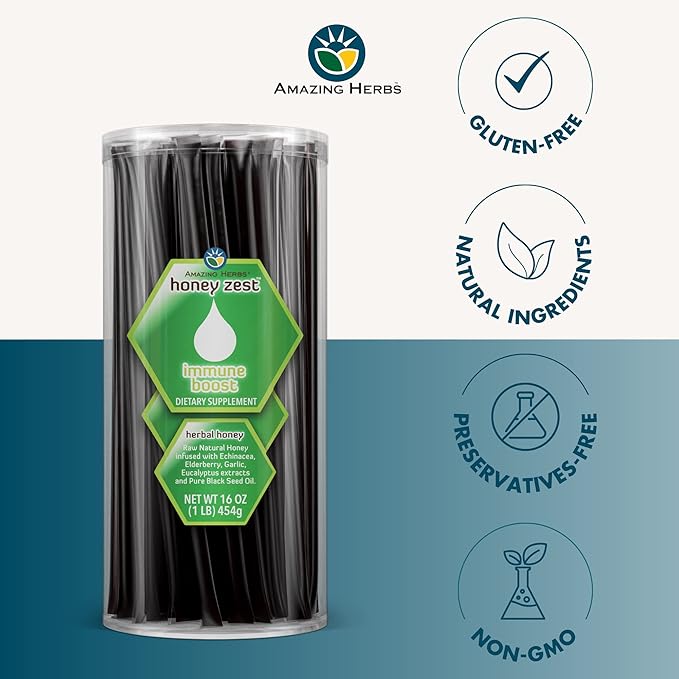 Amazing Herbs Raw Natural Honey - Herbal Honey Infused with Echinacea Elderberry Garlic Eucalyptus Extracts &amp Pure Black Seed Oil Non GMO Gluten Free - Honeyzest Immune Boost Straws 100 Coun