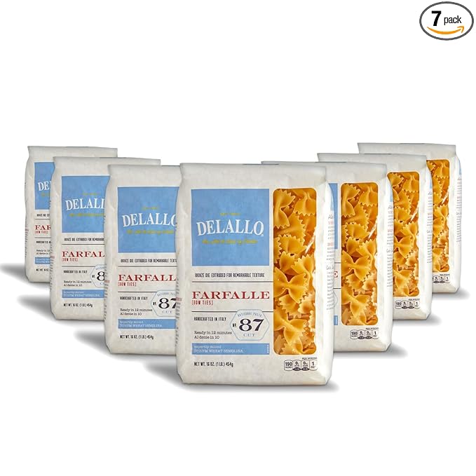 DeLallo Farfalle Pasta Bow-Tie Shape Made in Italy Bronze Cut Made with Only 100% Durum Wheat Semolina Flour All Natural Kosher Non-GMO Vegan 1 Pound Bag (7 Pack)