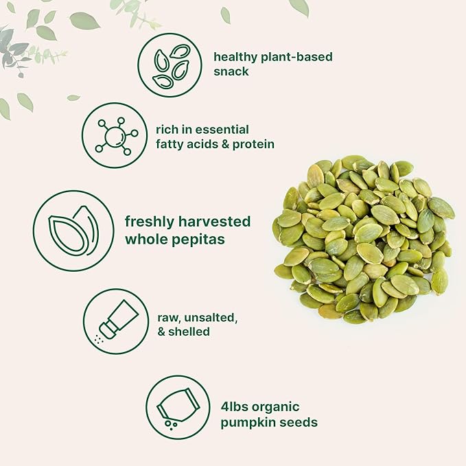 Organic Pumpkin Seeds 4lbs | Raw Unsalted &amp Shelled – Whole Pepitas | Pumpkin Seeds to Eat | Great for Baking Smoothies &amp Salad Toppings | Natural Source of Essential Fatty Acids Protein