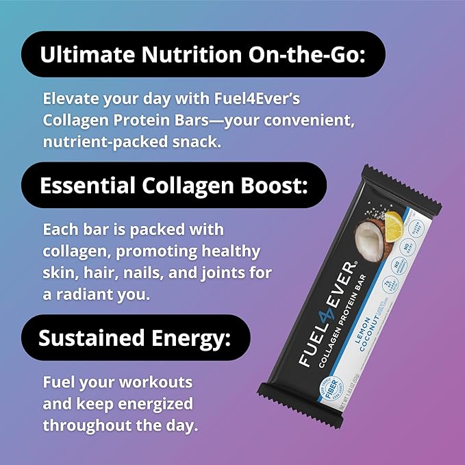 Fuel 4 Ever Collagen Protein Bars | 15G Protein Gluten Free Dairy Free No Stevia or Artificial Ingredients Added Sweetened with Honey | Lemon Coconut Flavor (Box of 12)