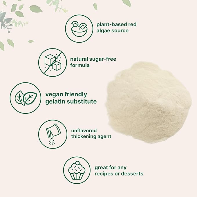 Agar Agar Powder 1lb (16oz) | Planted-Based Source from Red Algae | Unflavored Thickening Agent for Cooking &amp Baking | Vegan Substitute for Beef Gelatin | Non-GMO Vegan Friendly
