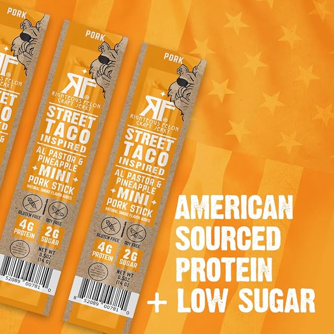 Righteous Felon Mini Meat Sticks | 100% Pork Sticks | Keto Gluten Free Low Sugar High Protein Snacks | Healthy Meat Snacks for Kids &amp Adults | Street Taco Pork Sticks 24 Count