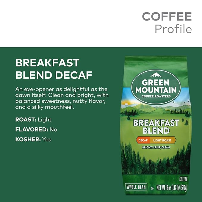 Green Mountain Coffee Roasters Breakfast Blend Decaf Whole Bean Coffee Bagged 18 oz