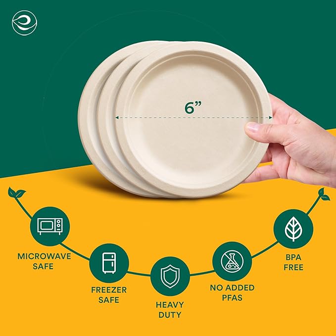 ECO SOUL 6 Inch Compostable Disposable Paper Plates [750 Pack] Food Safe 100% Virgin Bagasse Pulp Heavy Duty Microwave Safe Small Round Dessert Appetizer Plate for Party Picnic &amp BBQ (Brown)