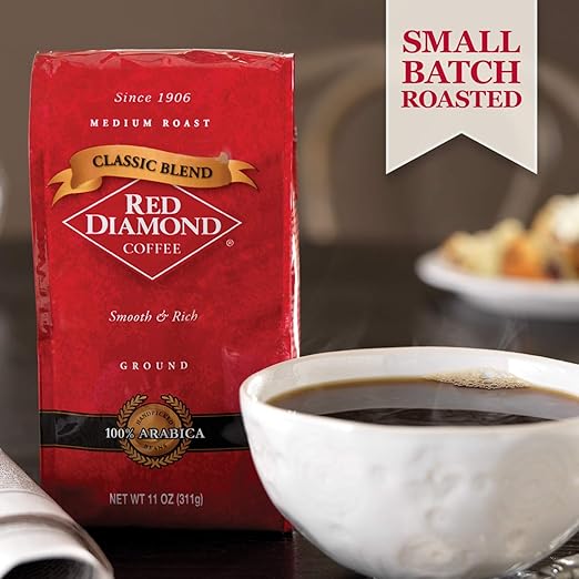 Red Diamond Ground Coffee | Classic Blend | Medium Roast | Arabica Beans | Smooth &amp Rich Flavor | 11 Ounce Resealable Bags (4 Pack)