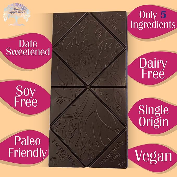 Bon Appesweet Date Sweetened Chocolate Bar - Better Than Milk Chocolate with Crispy Rice | 2.2 Ounce (Pack of 5) | Organic Zero Added Sugar 54% Cacao Plant Based Dairy Free and Guilt Free!