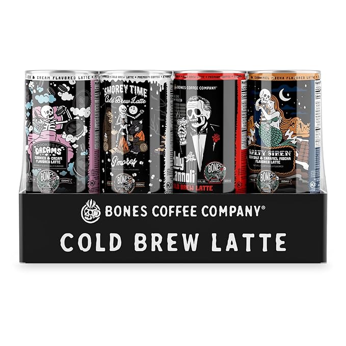 Bones Coffee Company Variety Pack Flavored Coffee S'morey Time Salty Siren Holy Cannoli and Cookies N' Dreams Ready To Drink Latte Coffee in Can | Variety Flavors in Cans | 11 Fl Oz Can (12 Pack)